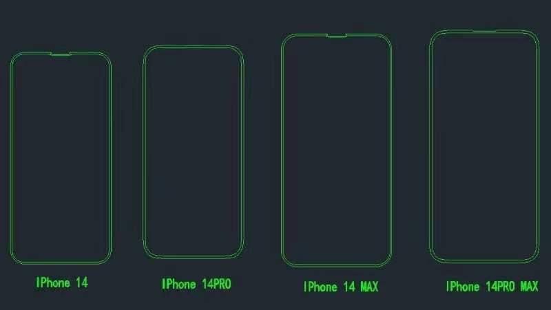 Hình ảnh kính cường  lực và bản vẽ của iPhone 14 Seri được các nhà sản xuất Phụ kiện điện thoại...