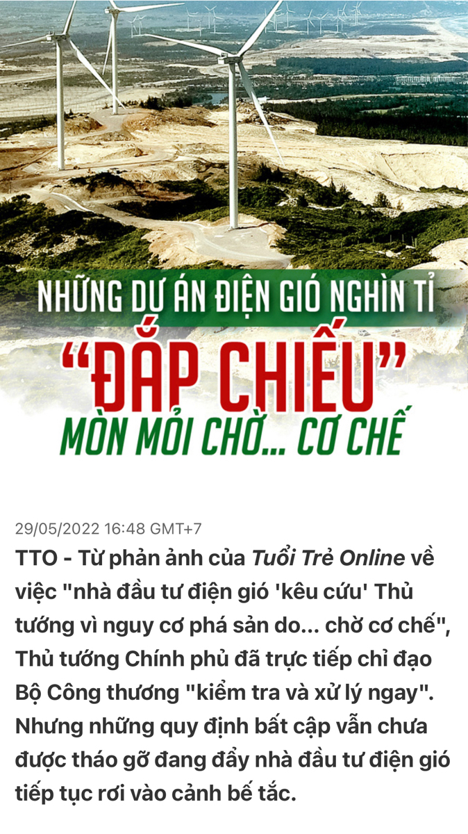 Từ phản ảnh của Tuổi Trẻ Online về việc "nhà đầu tư điện gió 'kêu cứu' Thủ tướng vì nguy cơ phá sản