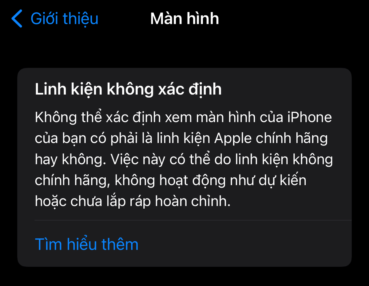 Mình vừa mua iPhone 13 pro max nhưng bị báo màn hình linh kiện không xác định được, anh em tư vấn m