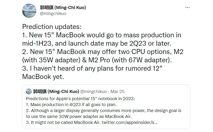 Ming-Chi Kuo: MacBook 15 inch M2/M2 Pro mới sẽ xuất hiện trong năm 2023?