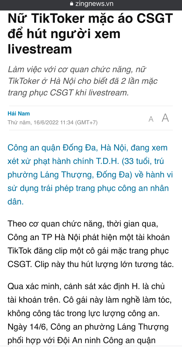 Nữ TikToker mặc áo CSGT để hút người xem livestream