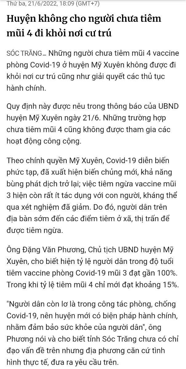 SÓC TRĂNG - Những người chưa tiêm mũi 4 vaccine phòng Covid-19 ở huyện Mỹ Xuyên không được đi khỏi