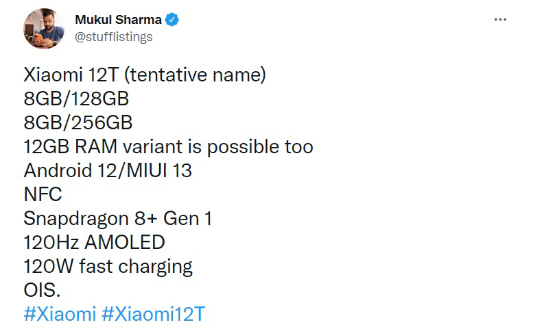 Lộ thông tin Xiaomi 12T: chip Snapdragon 8+ Gen 1, sạc nhanh 120W?