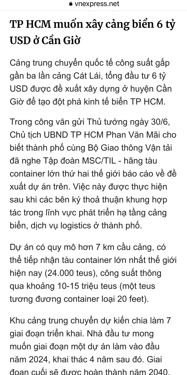 TP HCM muốn xây cảng biển 6 tỷ USD ở Cần Giờ