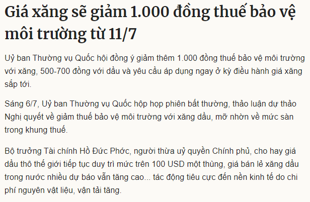 Giá xăng sẽ giảm 1.000 đồng thuế bảo vệ môi trường từ 11/7