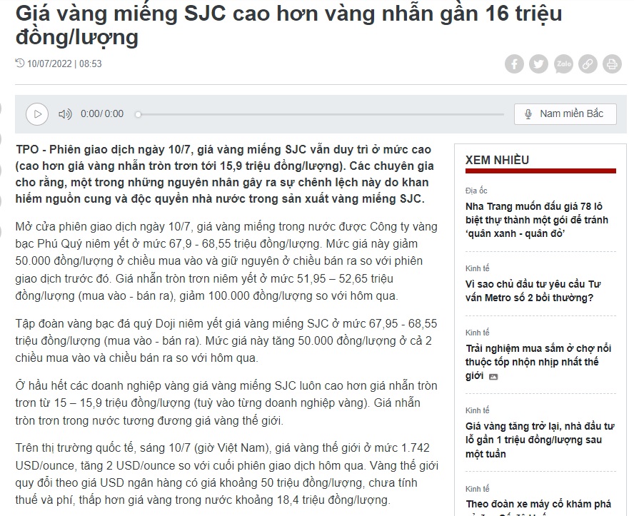 Không biết ở các nước có vụ giá vàng miếng và vàng nhẫn chênh lệch nhiều như VN không nhỉ?