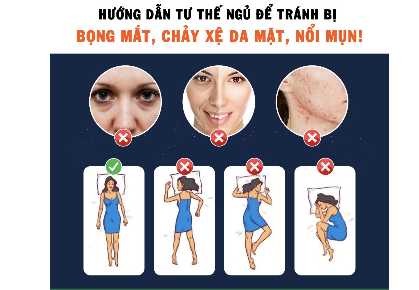 Hướng dẫn tư thế ngủ để tránh bị bọng mắt, chảy xệ da mặt, nổi mụn!