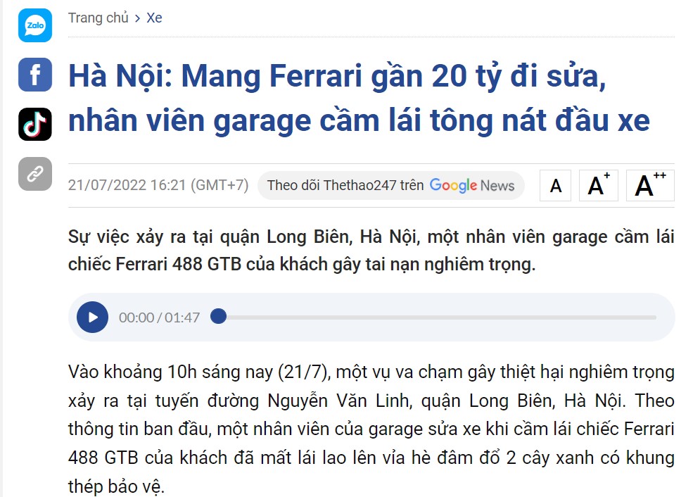 Con ngựa Ferrari này bị trọng thương thì phải đền bao nhiêu anh em?