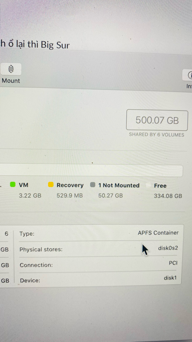 Trong máy mac của mình tự dưng có 1 phân vùng chiếm hơn 50 Gb (1 not mouted) có cách nào xử lý được