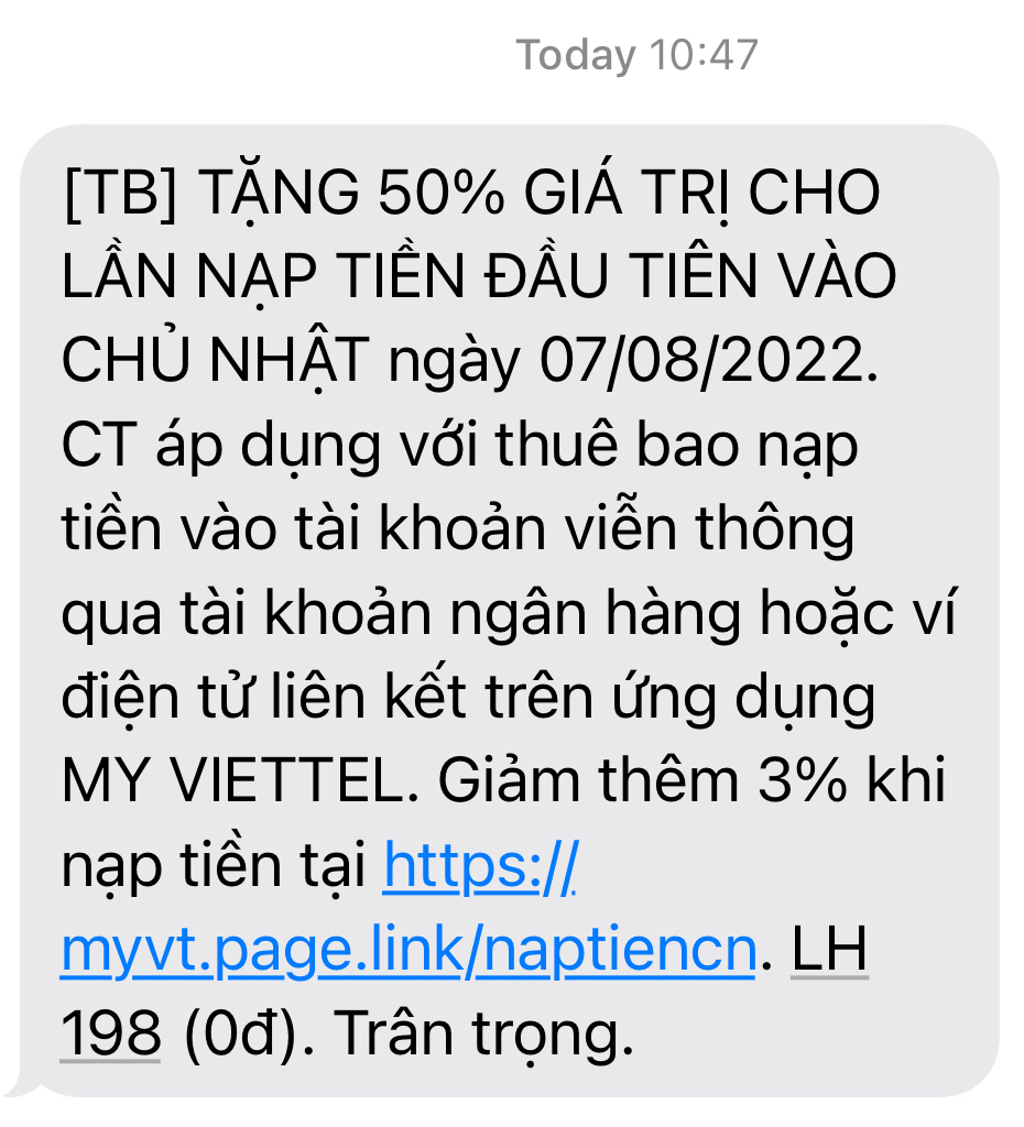 Nhà mạng Viettel nhắn tin khuyến mại nhập nhèm lừa đảo...