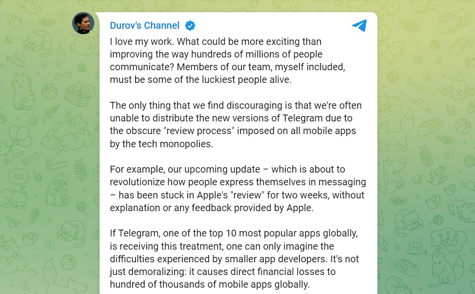 CEO Telegram chỉ trích Apple vì xét duyệt bản cập nhật quá lâu
