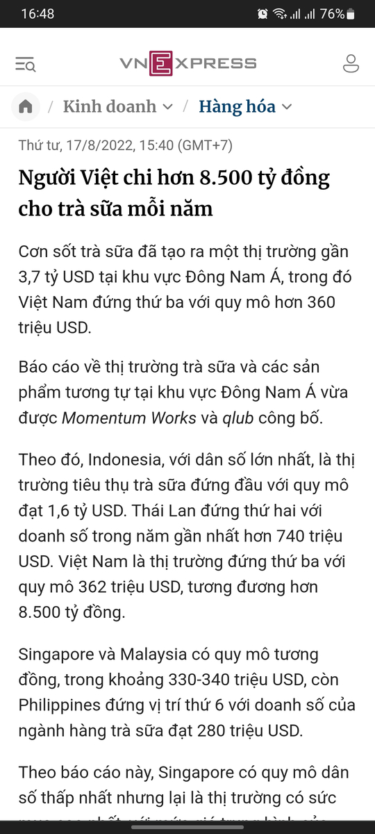 Số tiền mỗi năm người việt mua trà sữa