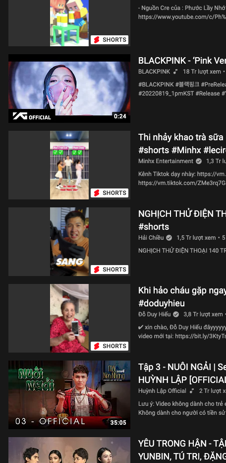 Riết rồi Top thịnh hành youtube giờ cũng toàn là Short. 10 cái hết 9 cái nhảm rồi. Trả youtube...