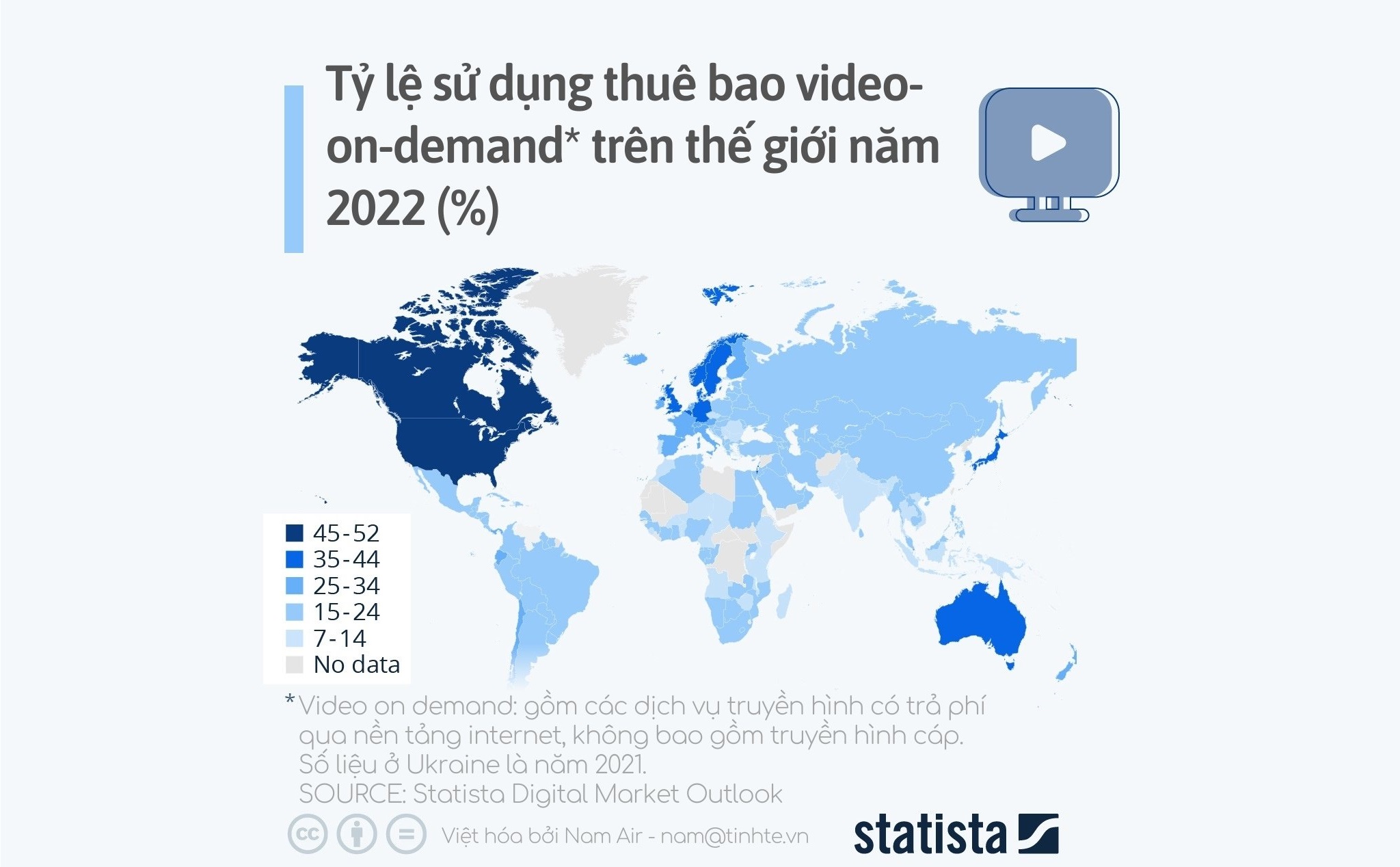 Tỷ lệ thuê bao video-on-demand trên thế giới năm 2022