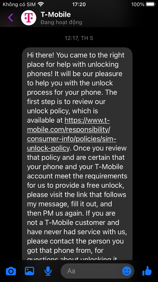 Nghe theo các bác vào nhắn tin unlock cho T mobile nhưng nó đòi tài khoản mà em lại ko có. Bác...