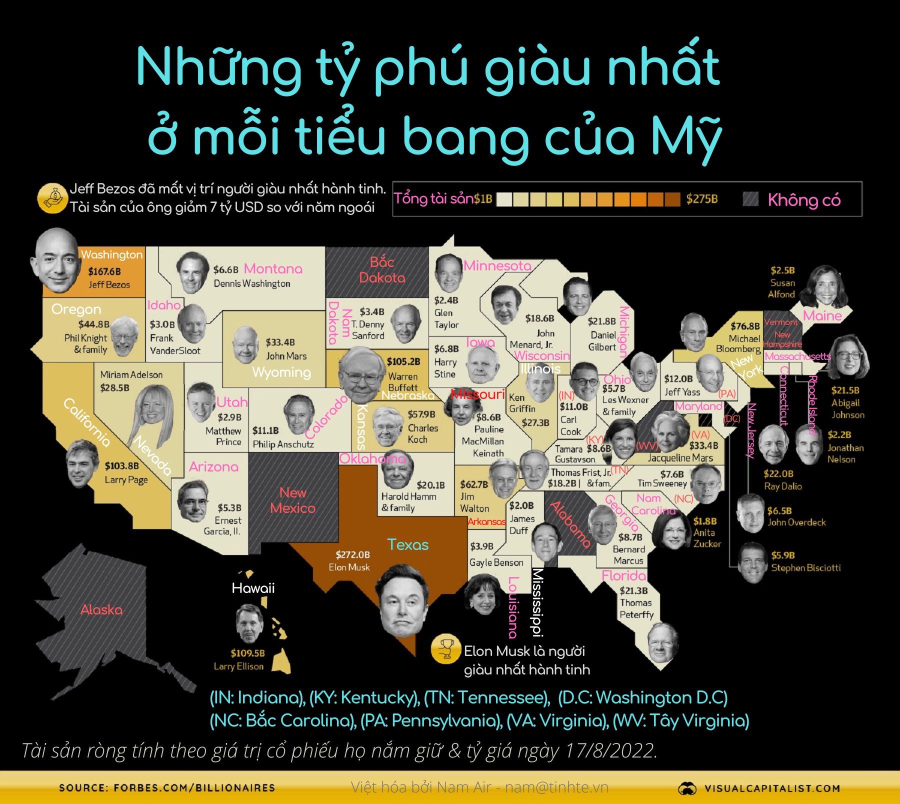 Infographic: Những tỷ phú giàu nhất ở mỗi tiểu bang của Mỹ