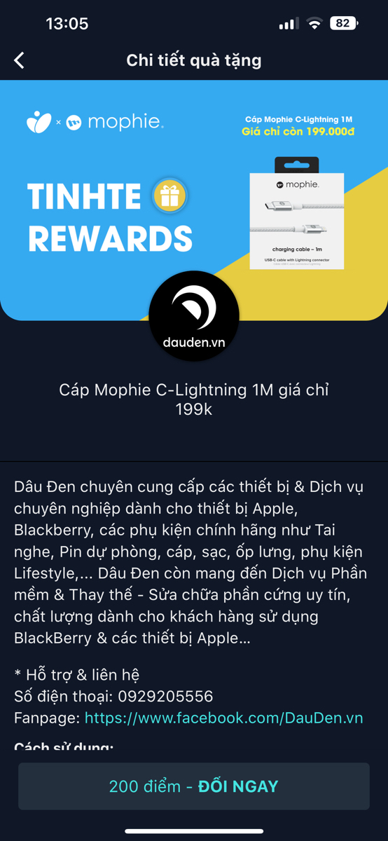Mình đã đổi điểm Tinhte (200 điểm) lấy quà với cọng cáp 1m Mophie từ Dauden.vn