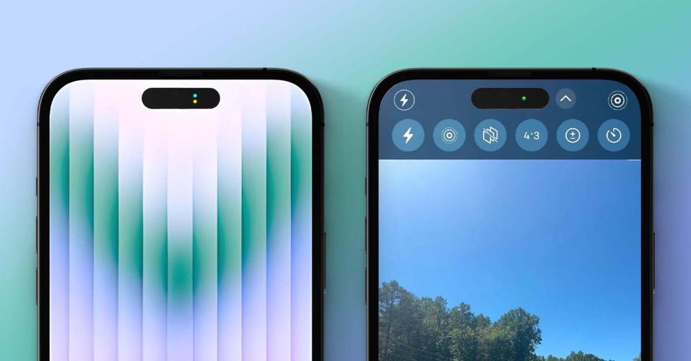 Hai lỗ trên màn hình iPhone 14 Pro sẽ nhập thành 1 để hiển thị hai chấm báo mic và cam