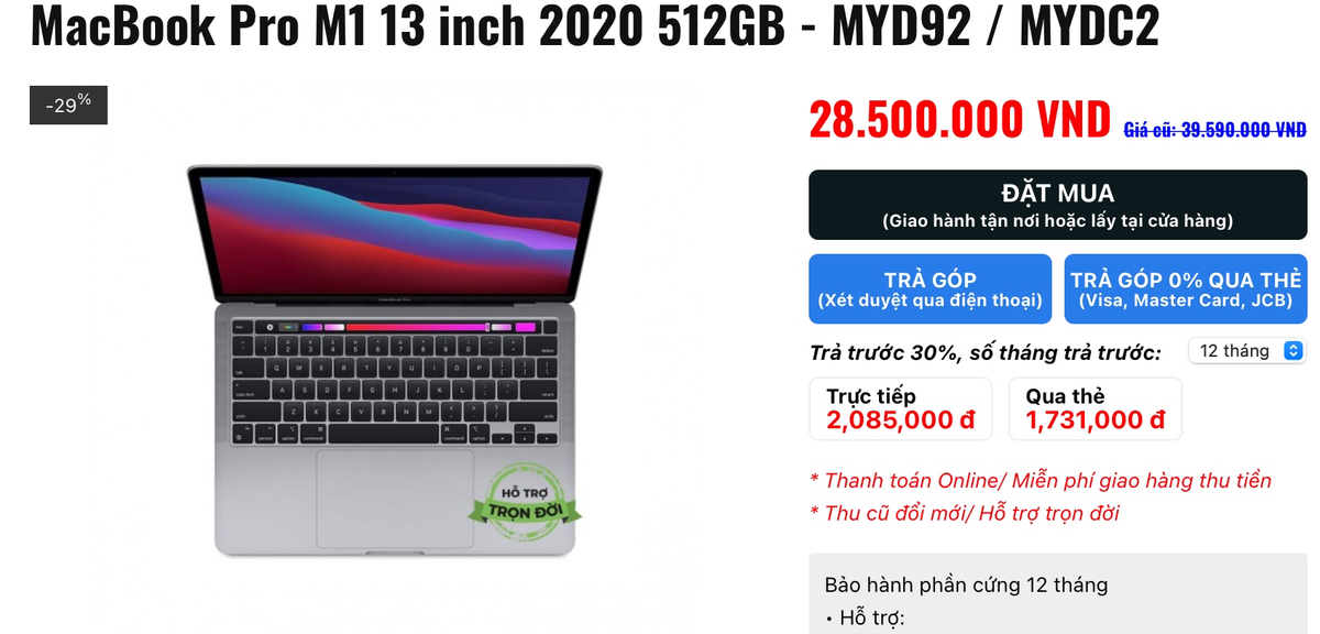 Giá MacBook Pro 13 inch 2020 MYD92/MYDC2 Apple M1 8GB RAM 512GB SSD hiện rất tốt, không biết có...