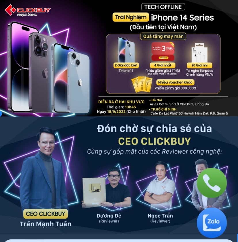 Clickbuy tổ chức đồng thời 2 buổi Tech offline trải nghiệm iPhone 14 Series tại 2 thành phố Hà Nội