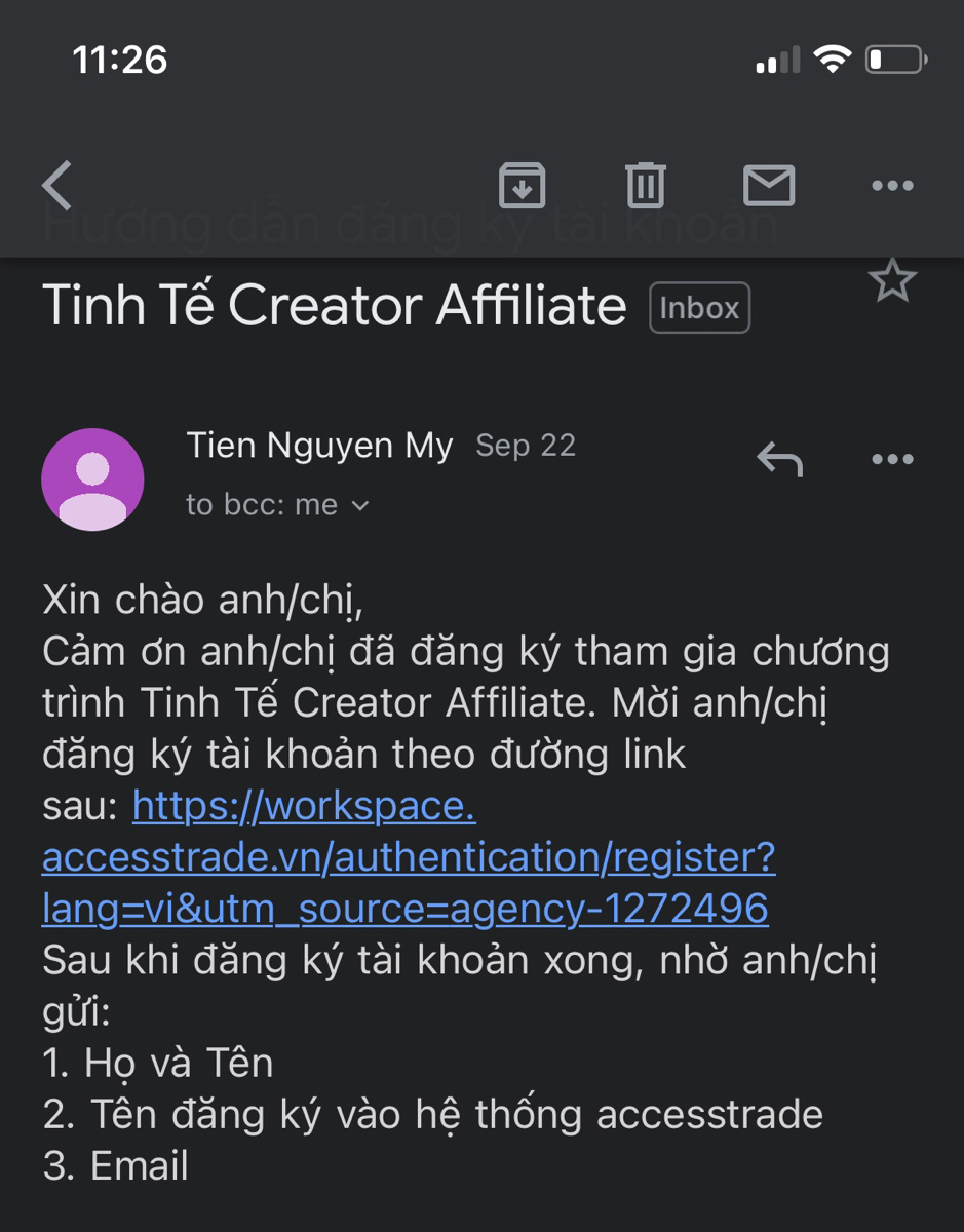 Anh có nhận đc email Đăng ký Tinh Tế Creator Affiliate chưa