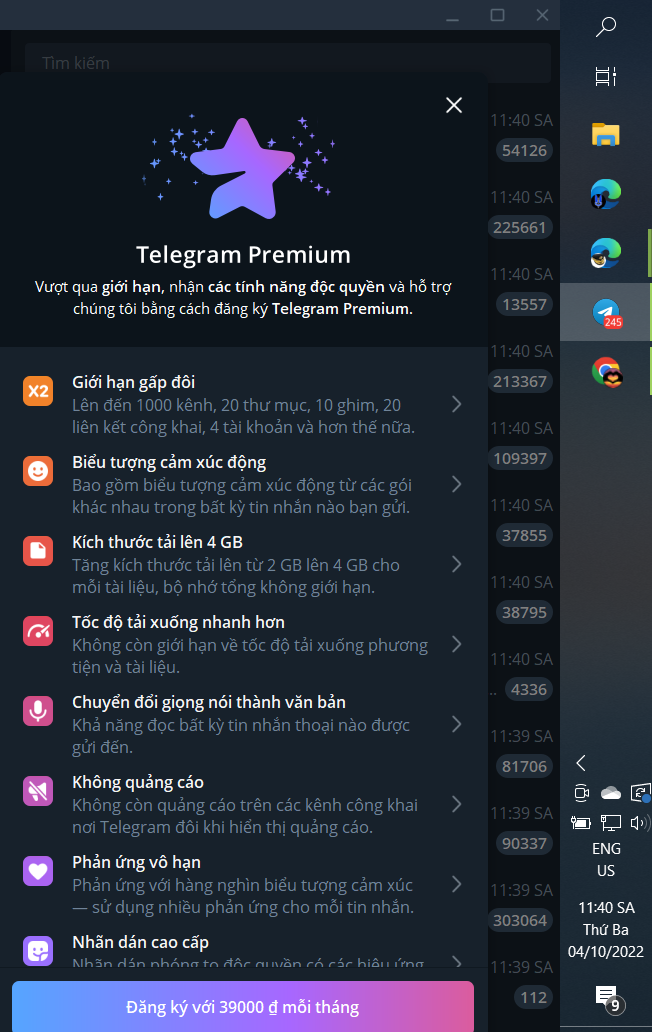 Telegram bản PC đã giảm từ 89k về 39k so với tháng trước