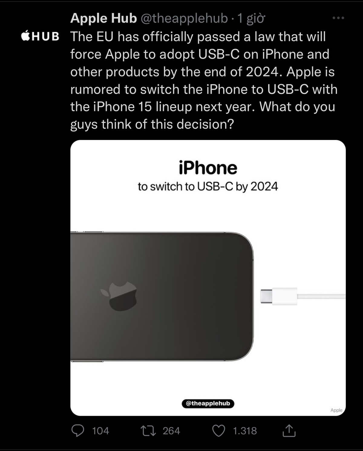 EU đã thông qua luật buộc Apple phải trang bị USB-C trên iPhone kể từ cuối năm 2024.
