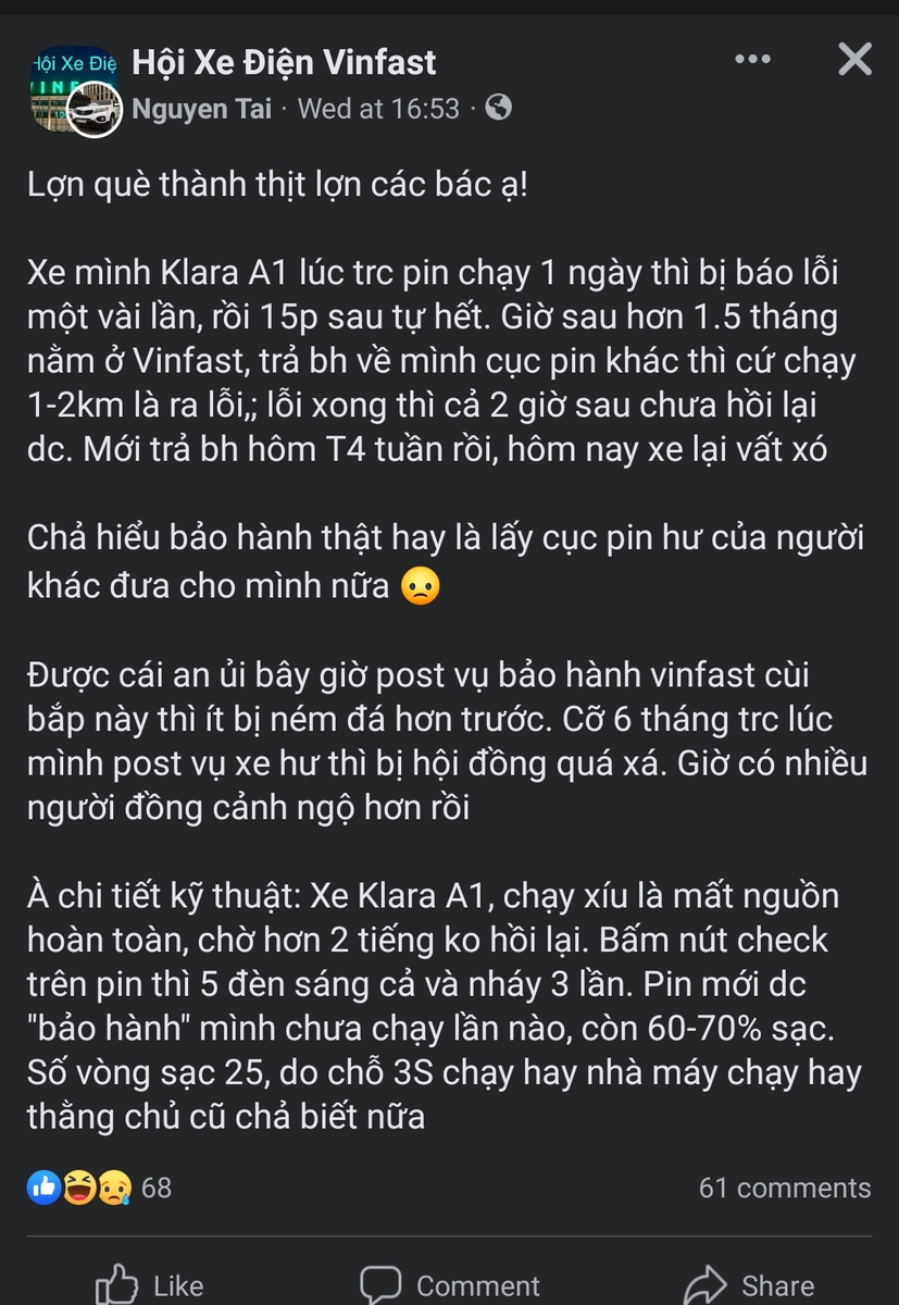 Bảo hành Xe điện hãng V: lợn lành thành lợn què, lợn què ra lợn chết. Được cái an ủi gỡ gạc là...