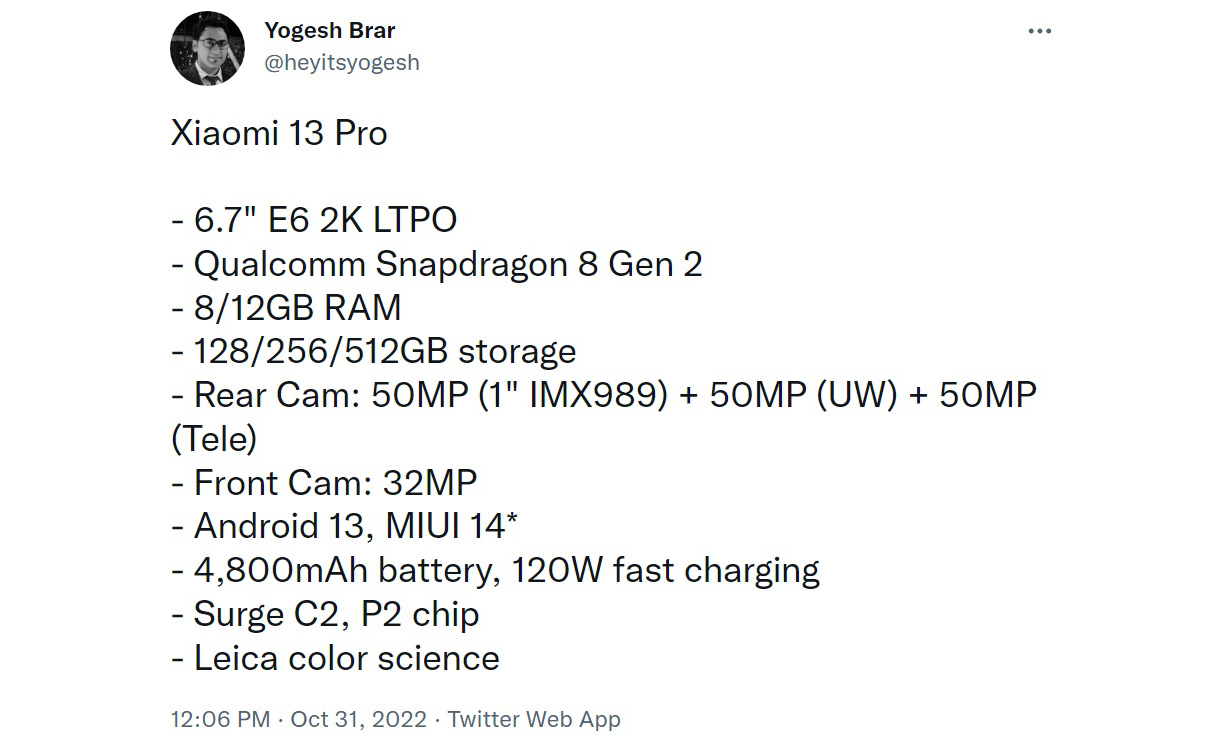 Lộ thông số Xiaomi 13 Pro: bộ 3 camera 50MP với cảm biến chính dùng lại của 12S Ultra?