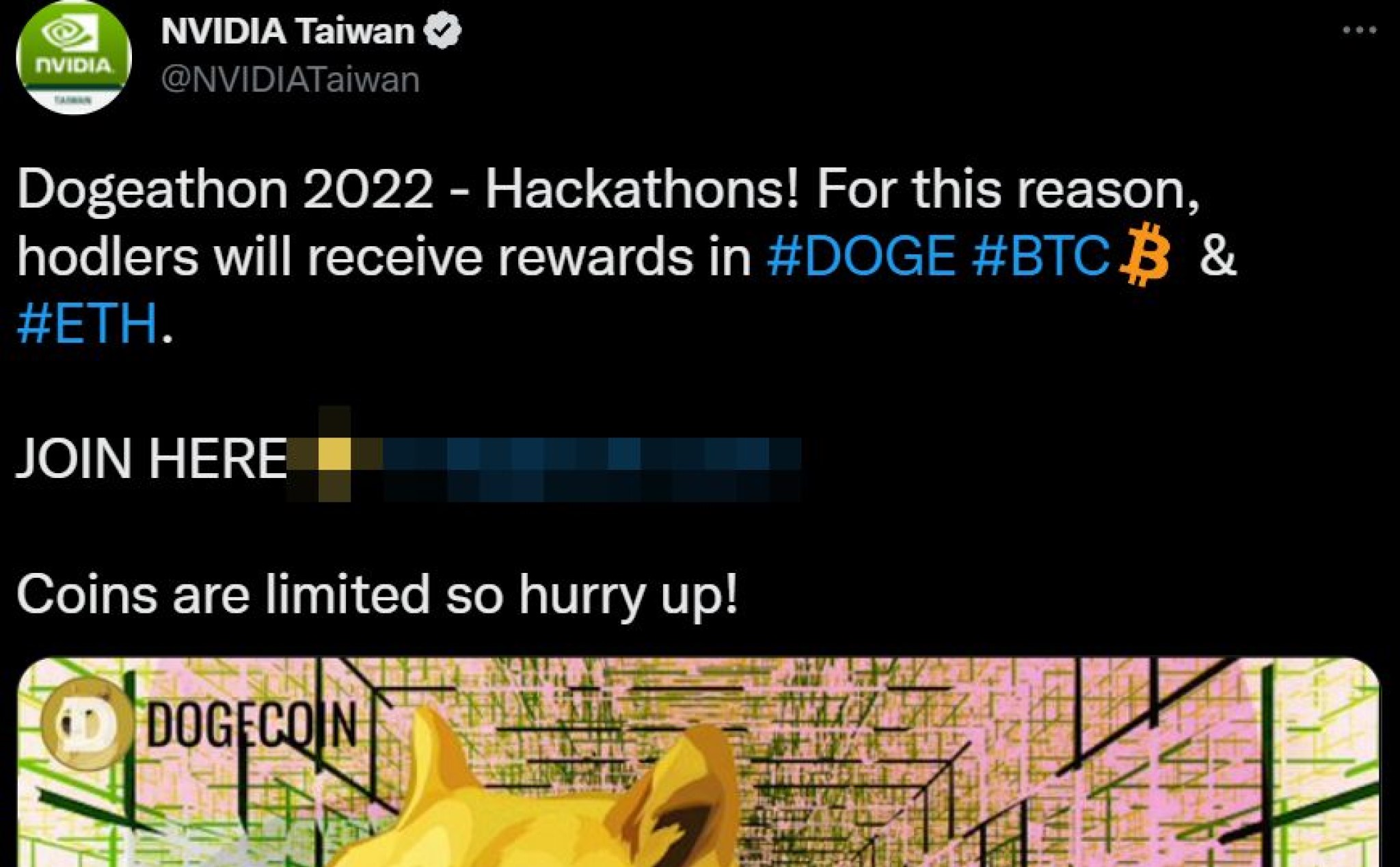 Tài khoản Twitter của NVIDIA Taiwan bị hack để quảng cáo Dogecoin