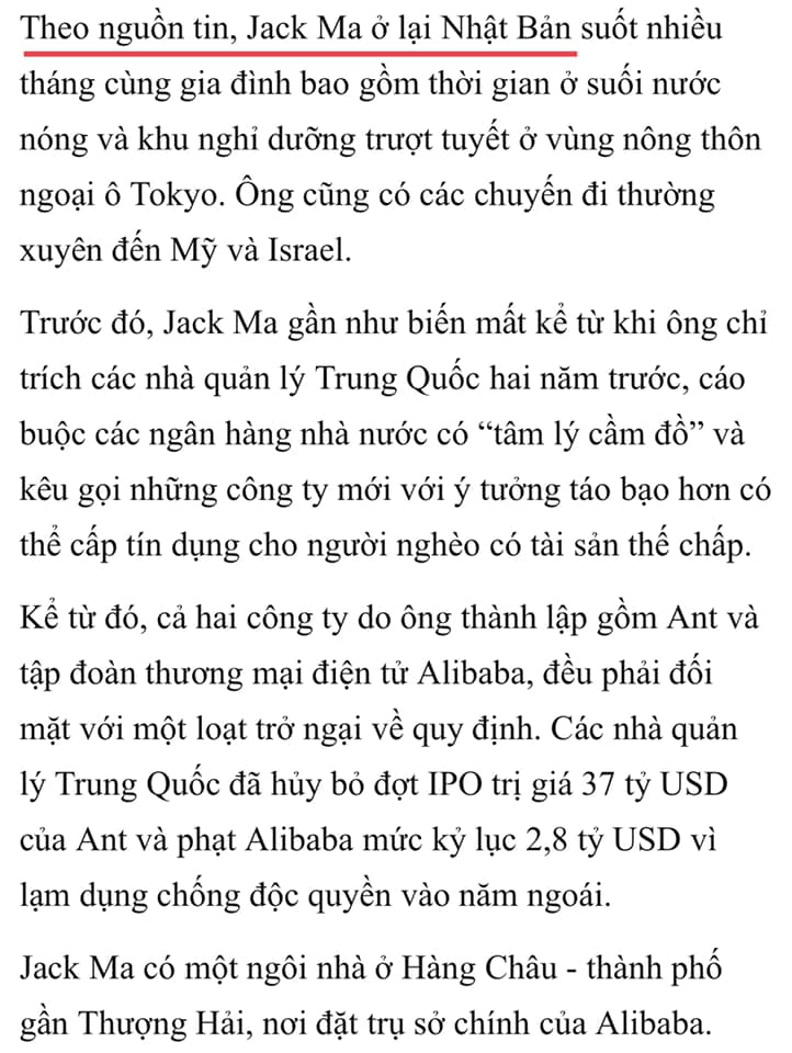 Đồng chí tỷ phú Jack Ma đã may mắn qua Nhật Bản sống ẩn dật nhiều tháng. :)
