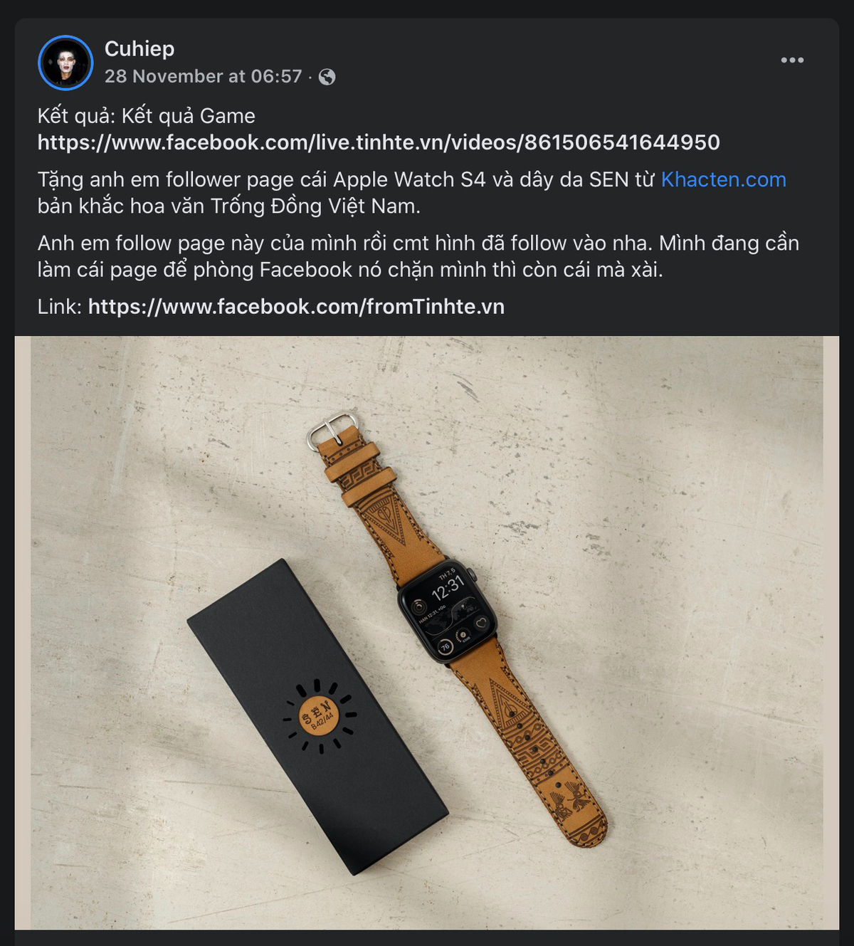 [Kết quả game cuhiep]: Tặng Apple Watch S4 và dây da SEN