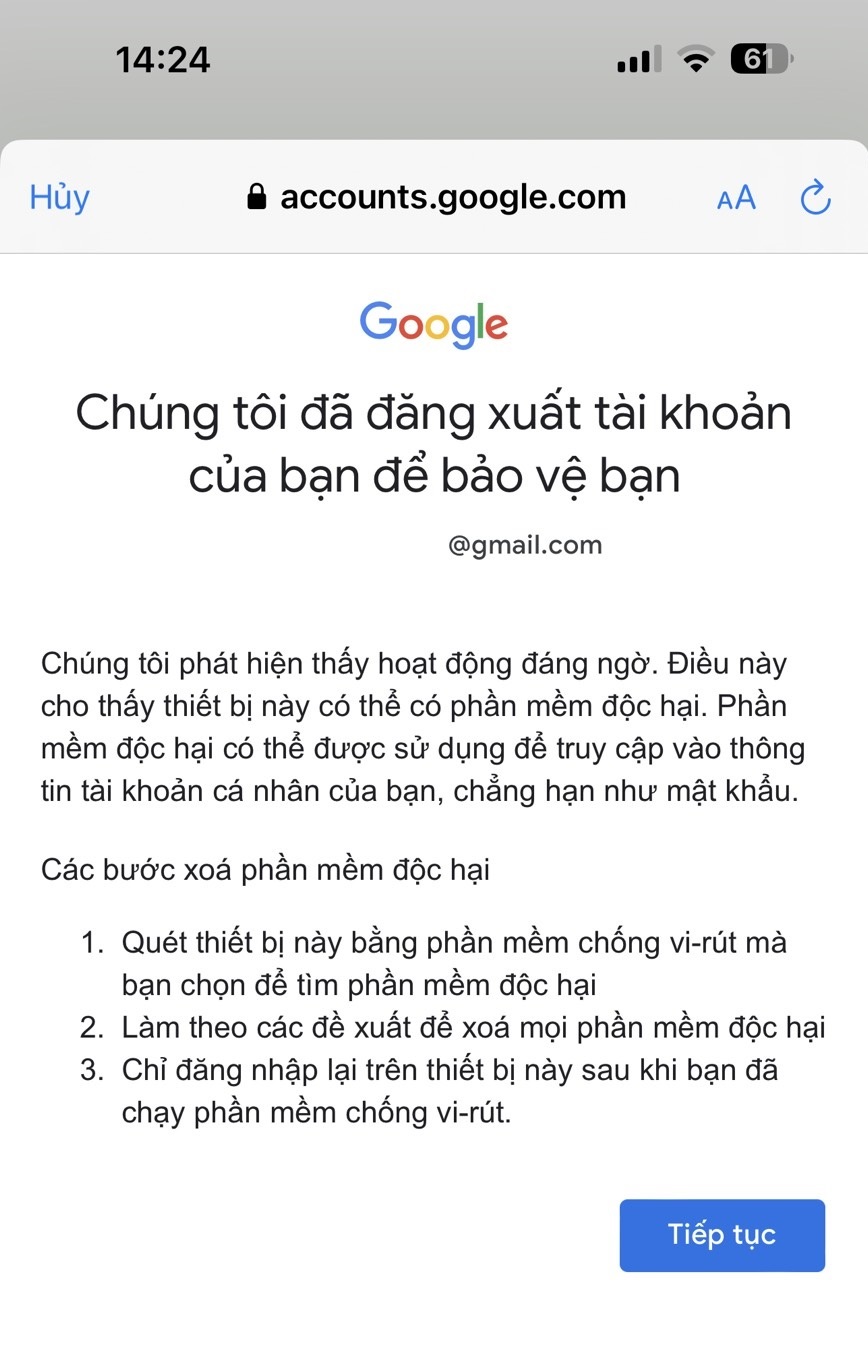 Lỗi bị thoát Gmail liên tục trên iPhone do nghi ngờ phần mềm độc hại. Nhờ ae tư vấn