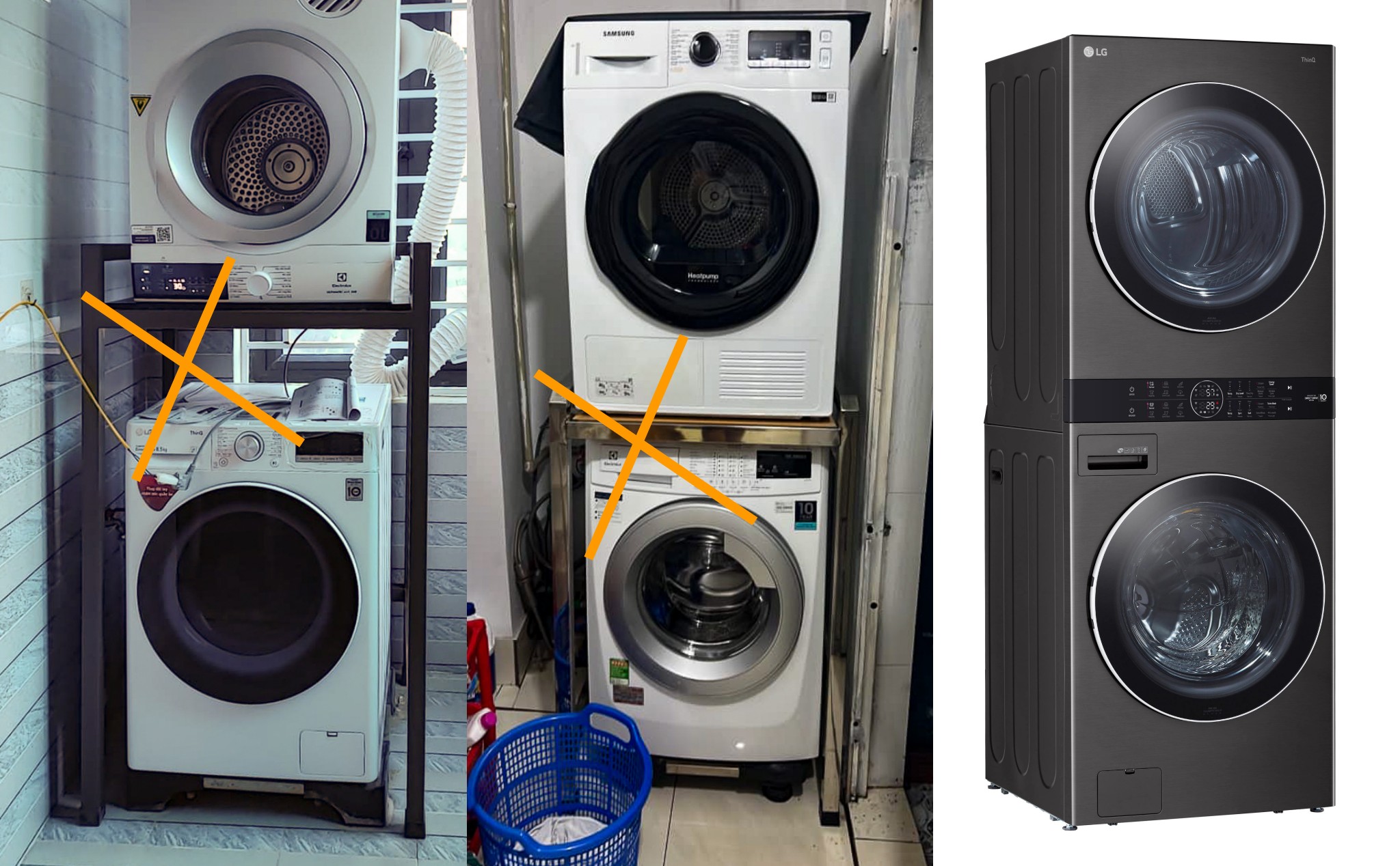 Không cần khung để máy sấy trên máy giặt, nó được thiết kế để chồng lên nhau từ đầu