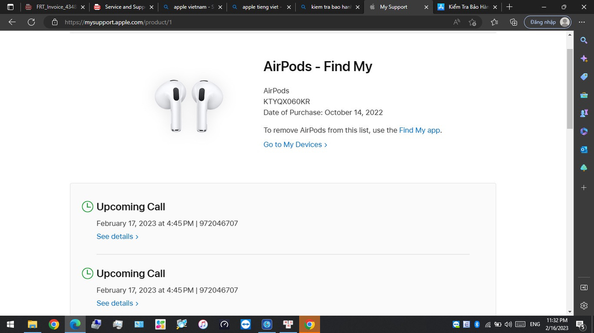 Mình mua Airpods ở FPT Shop ngày 15/02/2023, về nhà kiểm tra bảo hành trên website của Apple...