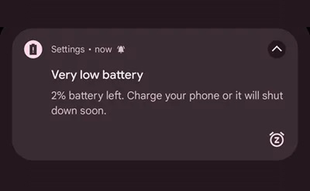 Android 14 sẽ hiện cảnh báo khi pin còn 2%, nhắc người dùng lần cuối trước khi máy tắt nguồn