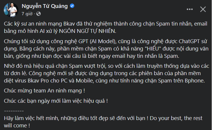 Hotnews! Anh Quảng đã có thông báo mới, nội dung về: AI, Spam, Antivirus và Bphone.