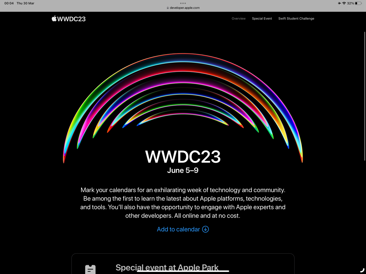 Apple đã chính thức công bố WWDC 2023 sẽ diễn ra từ ngày 5/6 đến 9/6 tại Apple Park. Các nhà phát t