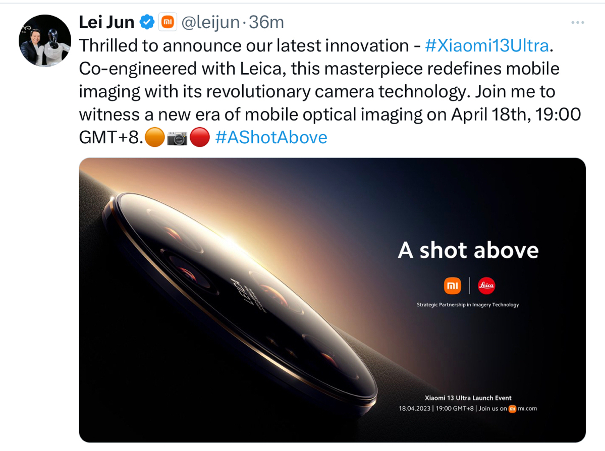 CEO Xiaomi mới post mời coi event ra mắt Xiaomi 13 Ultra: 18:00 ngày 18 này nha