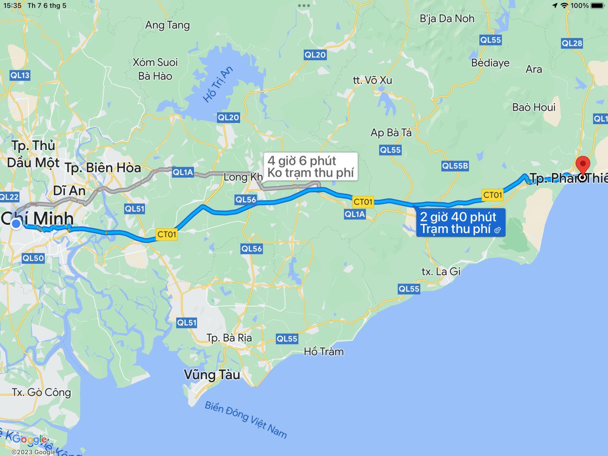 Google Maps đã chỉ đường đi TP HCM - Phan Thiết bằng cao tốc, đi 180km chỉ mất 160 phút