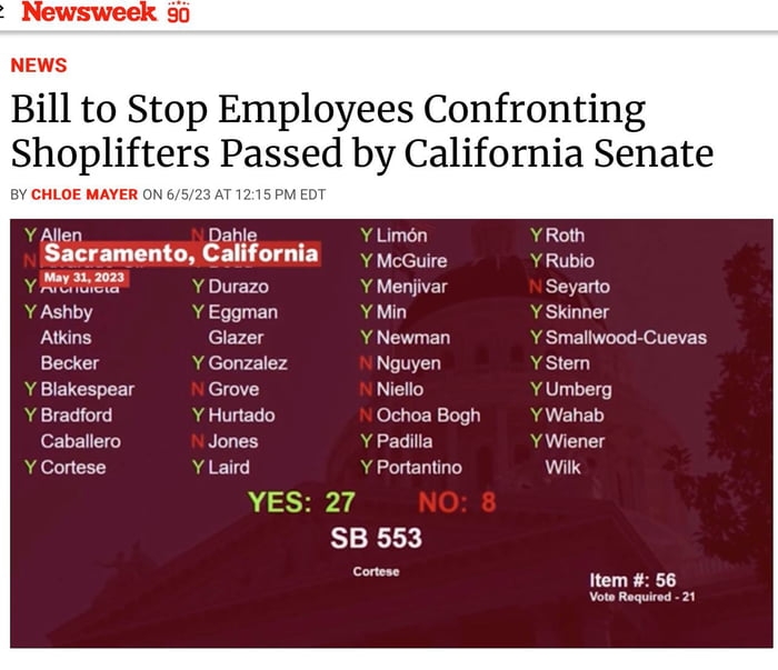 Thượng viện California thông qua luật cấm nhân viên cửa hàng ngăn chặn bọn trộn cắp. Nghe tưởng trò