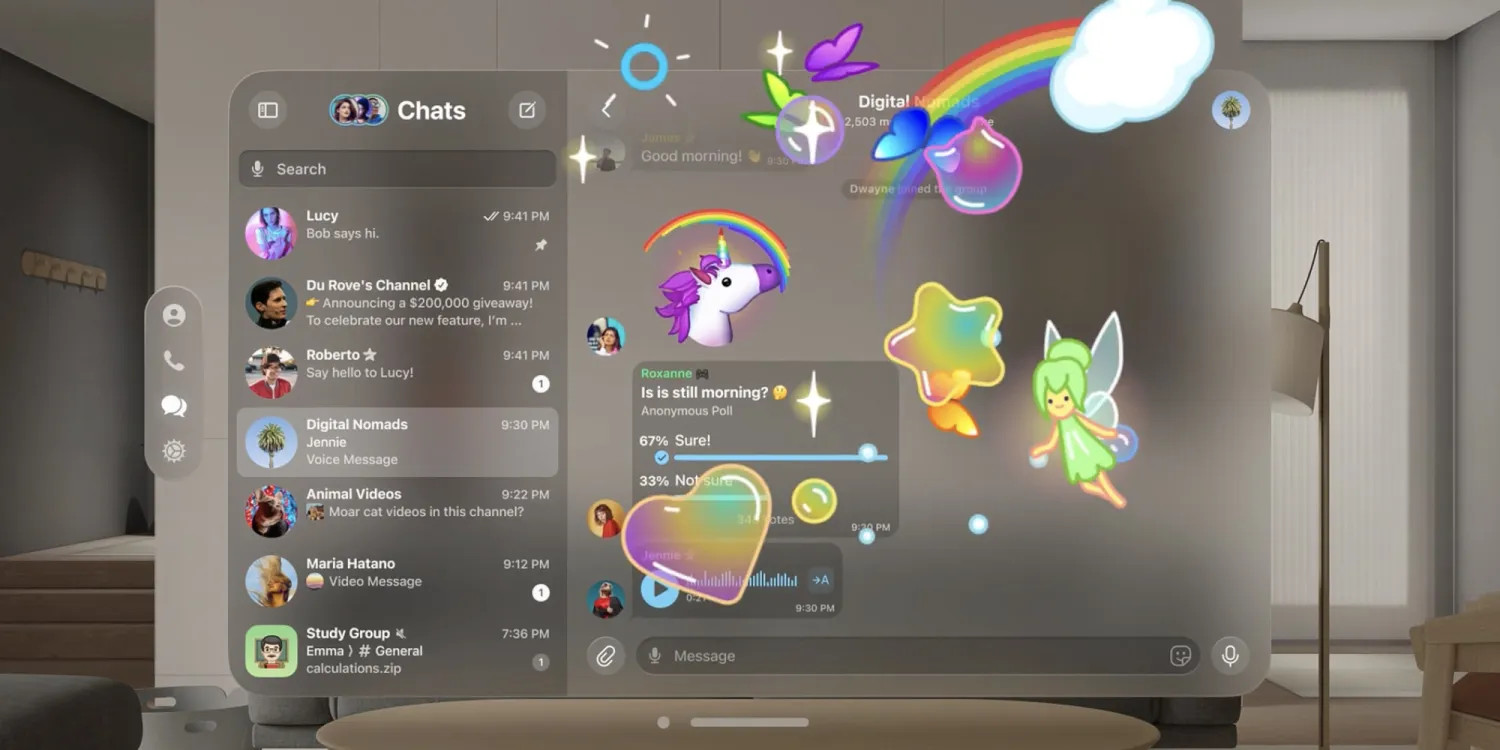 Telegram giới thiệu ứng dụng VisionOS với trình phát video sống động và nhãn dán AR