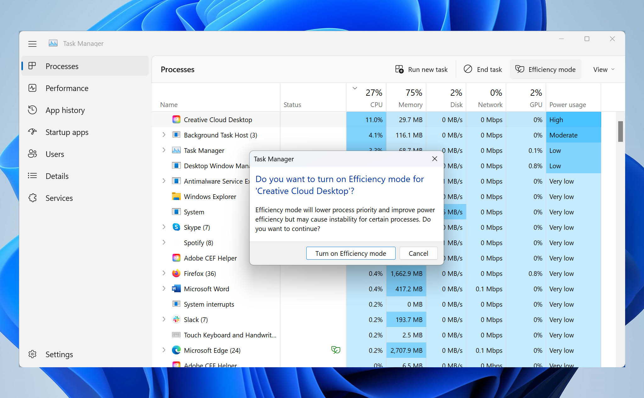 Cách kích hoạt chế độ tiết kiệm - Efficiency Mode - cho phần mềm trong Windows 11