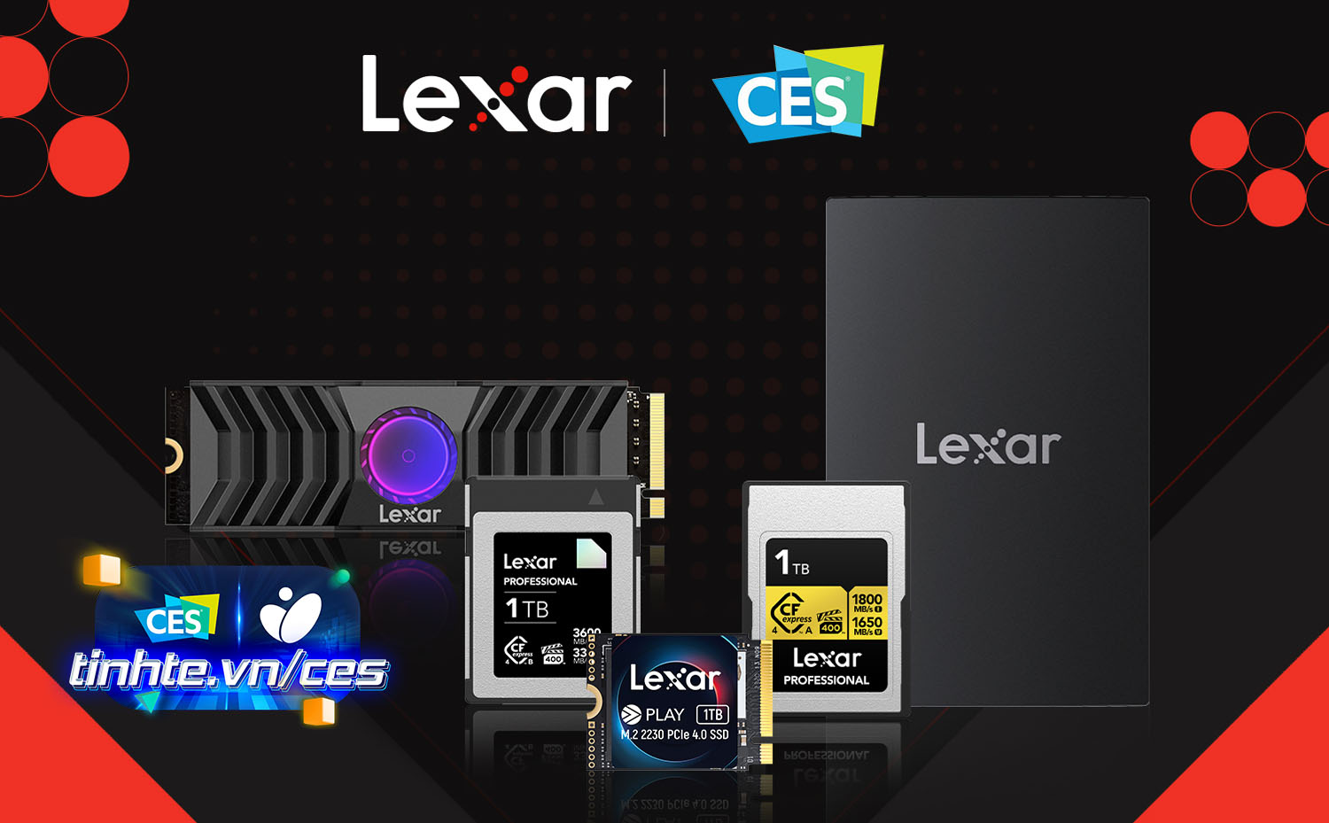 CES24: Lexar trưng bày thẻ nhớ CFexpress DIAMOND, NM1090 SSD Gen 5, SSD di động siêu bền