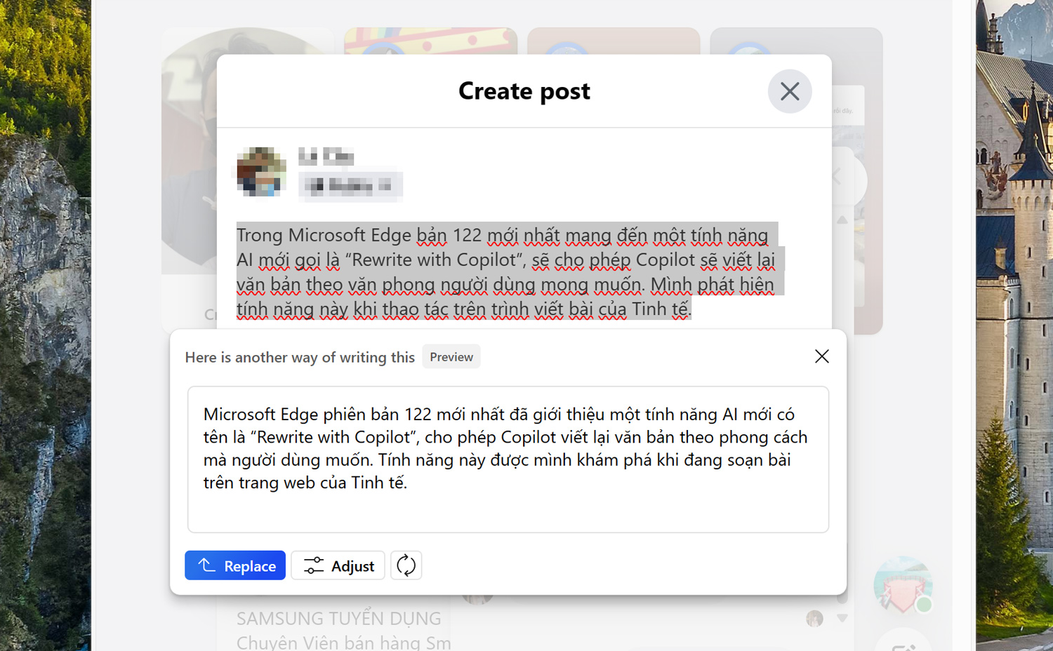 Tính năng mới Microsoft Edge 122: Dùng AI để thay đổi văn phong câu