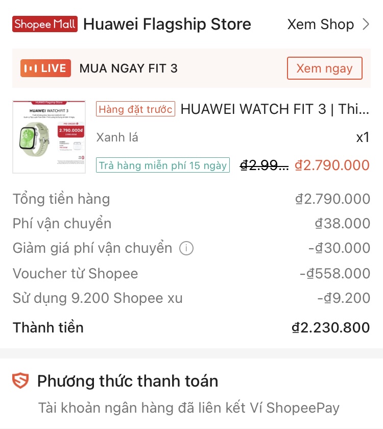 Chốt đơn Huawei Watch Fit 3 màu xanh lá cây. Được tặng tai nghe Freebuds SE 2.