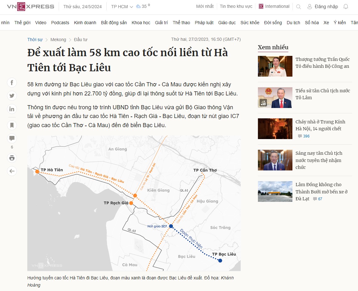 Đề xuất làm 58 km cao tốc nối liền từ Hà Tiên tới Bạc Liêu