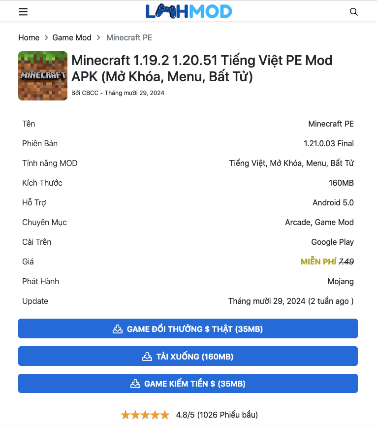 Tải Minecraft 1.19.2 1.20.51 Tiếng Việt PE Mod APK | LMHMOD.ME