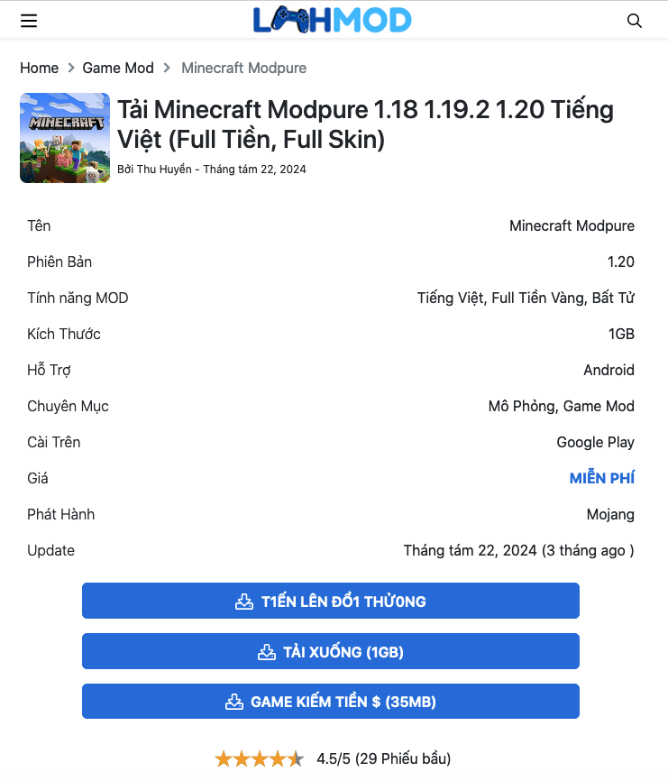 Giới thiệu trò chơi Minecraft Tiếng Việt tại LMHMOD.ME