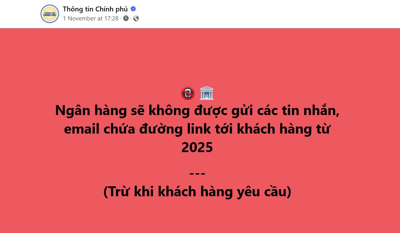 Từ 2025 ngân hàng không được phép gởi link trừ khi khách hàng cho phép (Thông tư 50/2024/TT-NHNN)